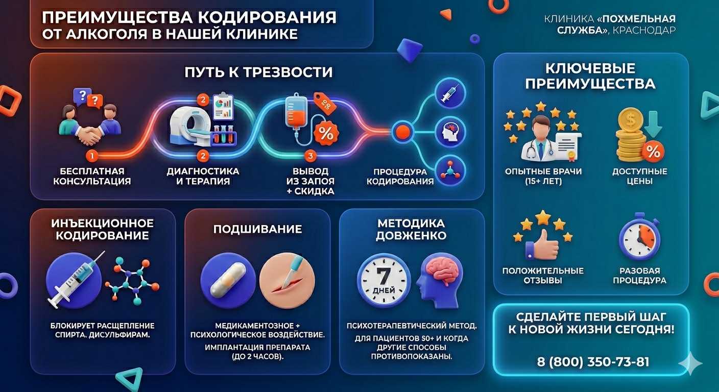 Инфографика о методах кодирования от алкоголя в Хохольском: инъекции, подшивание, метод Довженко. Преимущества клиники и этапы лечения.